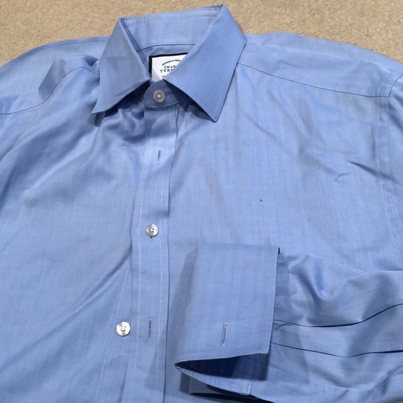 Charles Tyrwhitt Non-Iron Herringbone Cotton Button up Sky Blue Shirt - Picture 11 of 12